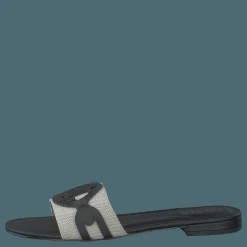 Lauren Ralph Lauren Alegra Canvas-Leather Slide Sandal Natural / Black Svart New