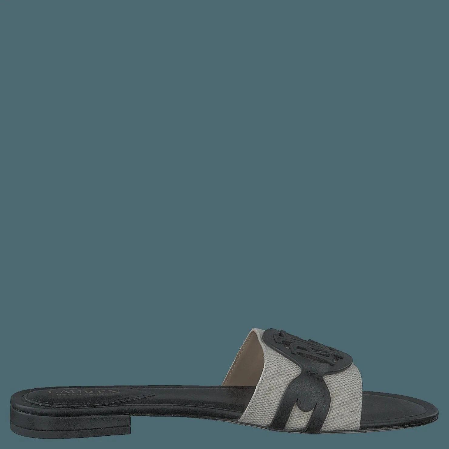 Lauren Ralph Lauren Alegra Canvas-Leather Slide Sandal Natural / Black Svart New