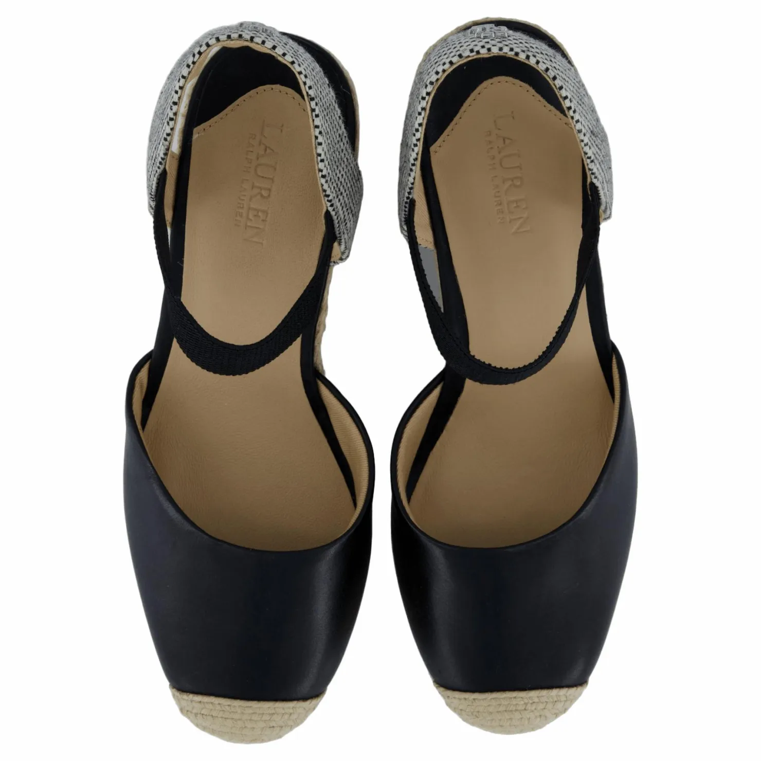Lauren Ralph Lauren Pearle II Leather & Canvas Espadrille Black / Natural / Black Svart Clearance